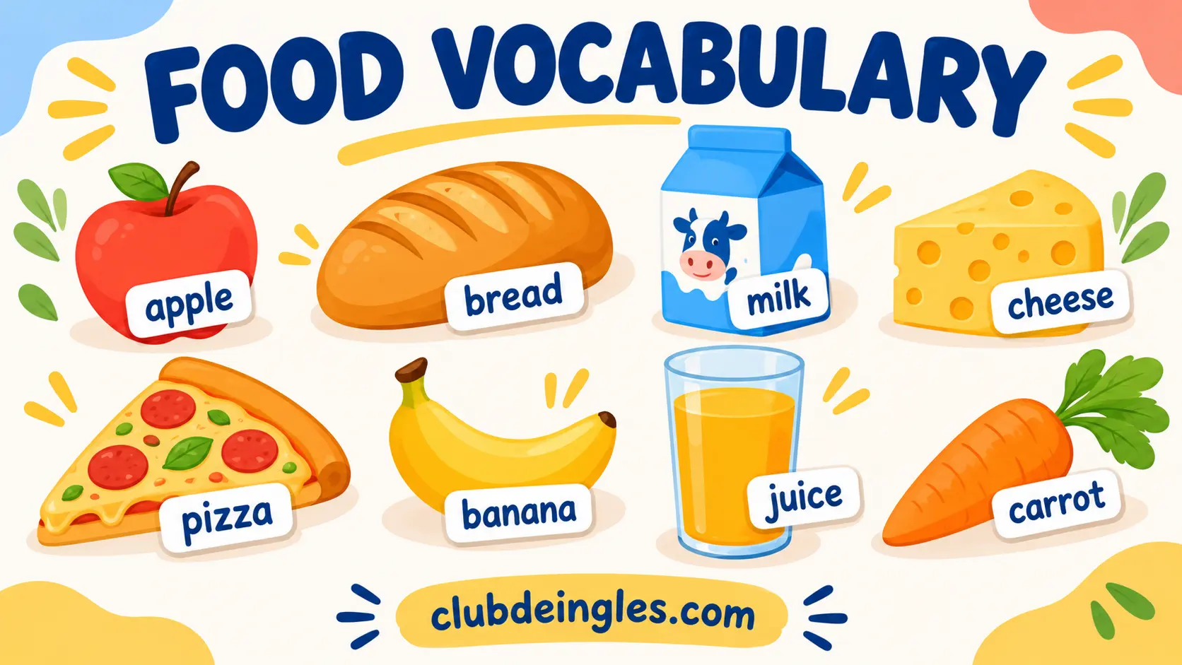 Vocabulario de comida en inglés: apple, bread, milk, cheese y más